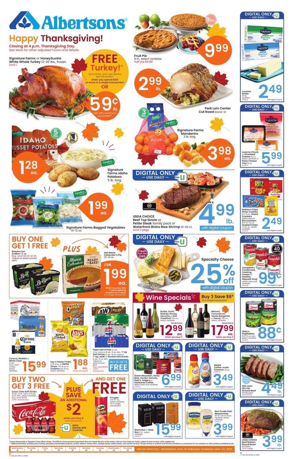 Albertsons Weekly Ad Thanksgiving 15th – 23rd November 2023 Page 1