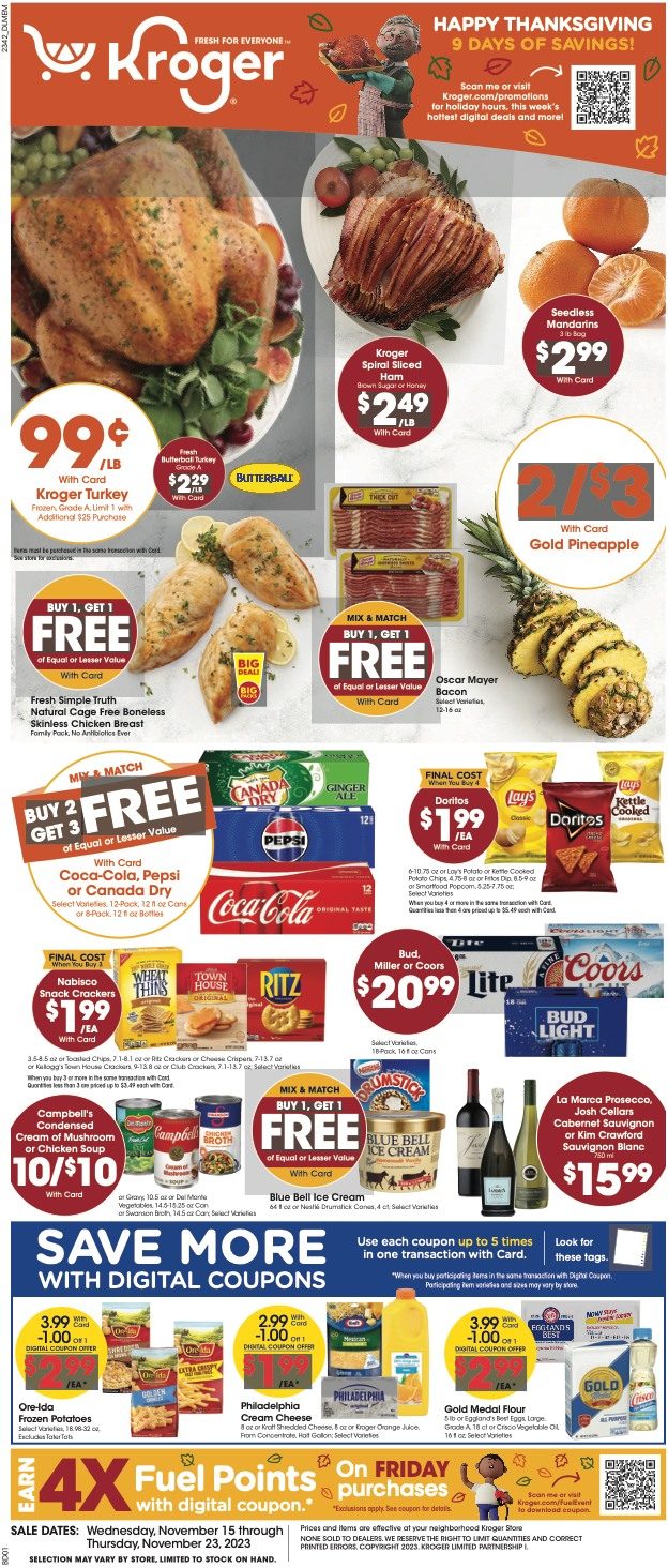 Kroger Weekly Ad Thanksgiving 15th – 23rd November 2023 Page 1